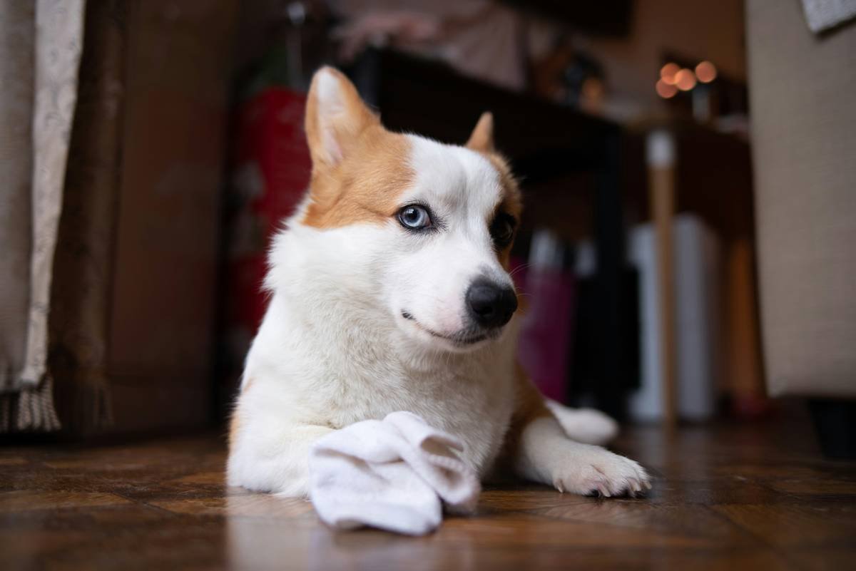 A happy dog sitting next to grooming supplies