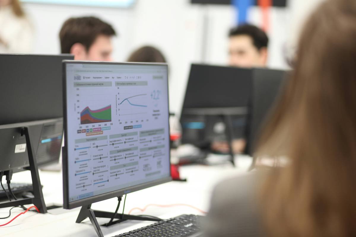 A side view of a screen in the classroom representing climate change statistics