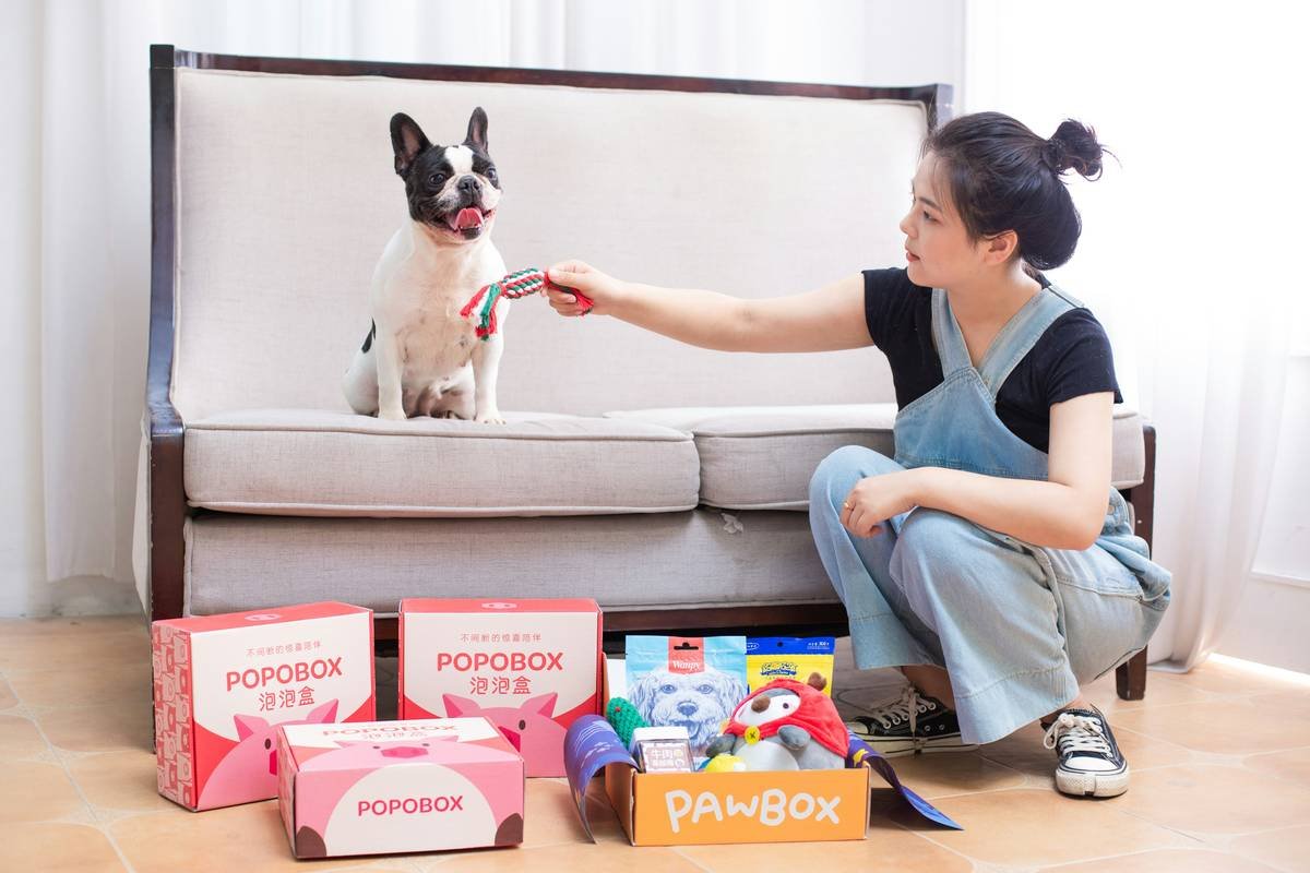A woman trains her dog with toys.